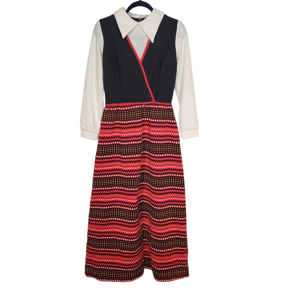Vintage 60s Vicky Vaughn Dress Long Sleeve Maxi Wrap Tweed‎ Woven Red Black 11 M - Picture 1 of 16